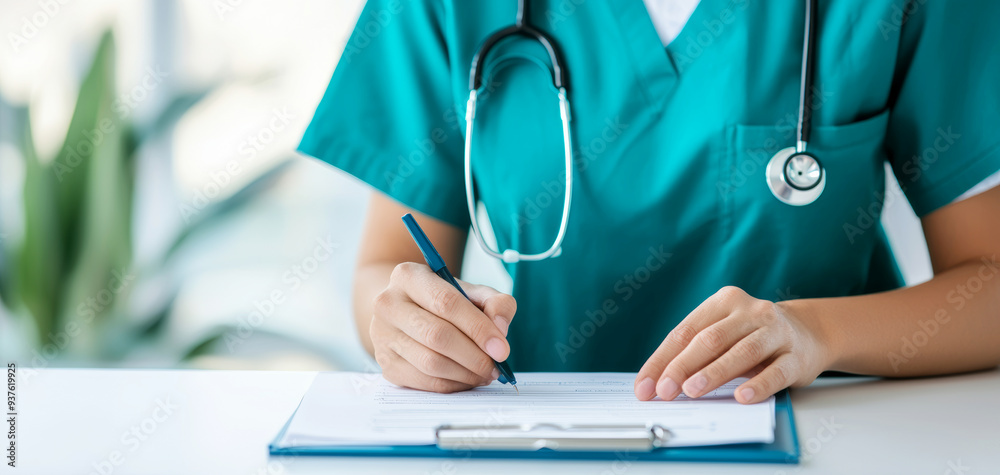 Medical Professional in Green Scrubs Writing on Clipboard in Bright Healthcare Setting Medical Professional in Green Scrubs Writing on Clipboard in Bright Healthcare Setting