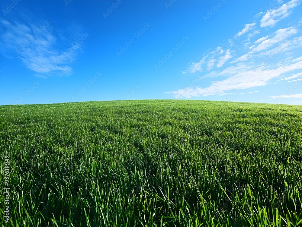 Expansive Green Field Under Clear Blue Sky with Fluffy Clouds on Scenic Rural Landscape Expansive Green Field Under Clear Blue Sky with Fluffy Clouds on Scenic Rural Landscape