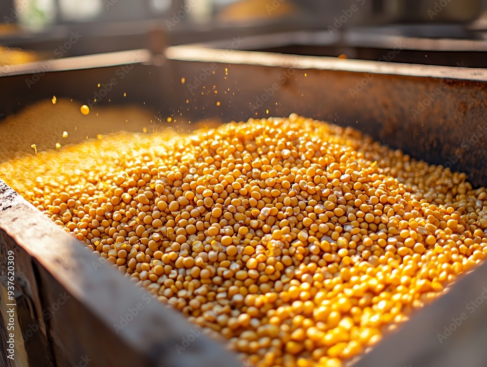 Soybean meal mixed with corn in a large feed bin, Main keyword soybean meal, Concept balanced feed Soybean meal mixed with corn in a large feed bin, Main keyword soybean meal, Concept balanced feed