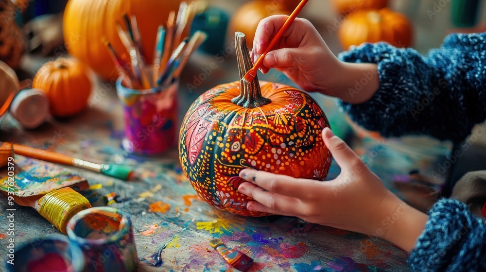 A close-up of a child's hands painting a pumpkin with intricate designs, surrounded by paint supplies and craft materials. The focus is on the detailed artwork and creative process. A close-up of a child's hands painting a pumpkin with intricate designs, surrounded by paint supplies and craft materials. The focus is on the detailed artwork and creative process.