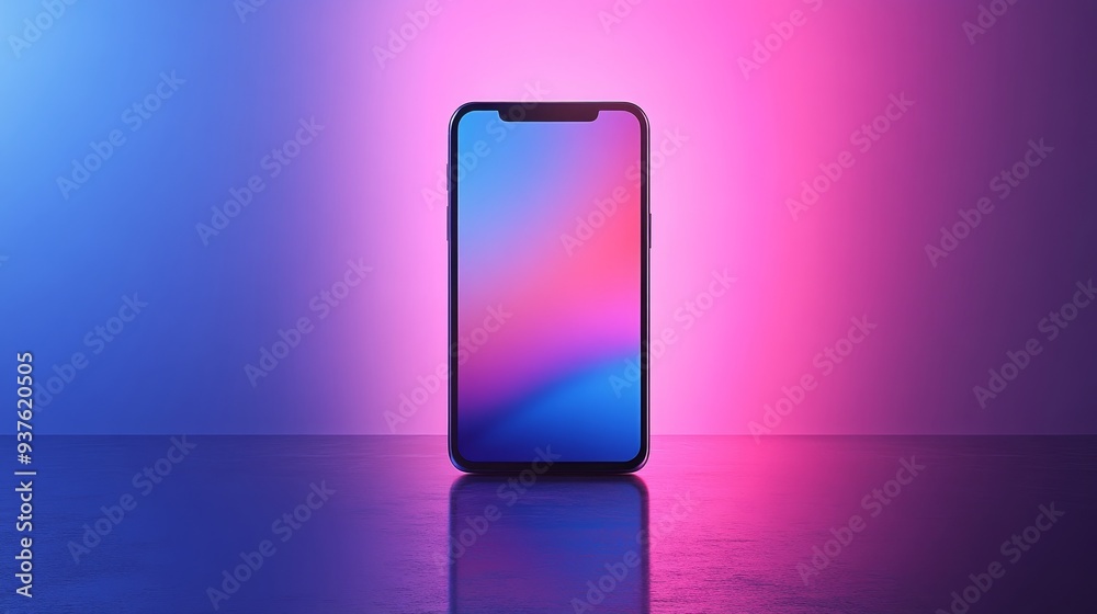A phone is sitting on a table with a purple background