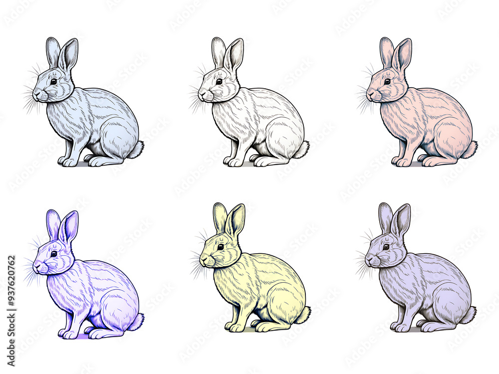 Set of drawing and colorful rabbits Set of drawing and colorful rabbits
