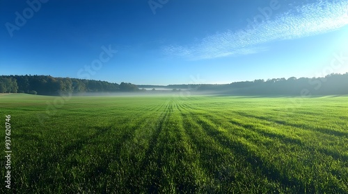 Early Morning Tranquil Meadow with Misty Blue Sky and Lush Green Grassland Landscape