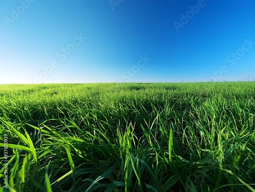 Expansive Grassy Meadow Under Clear Blue Sky at Sunrise