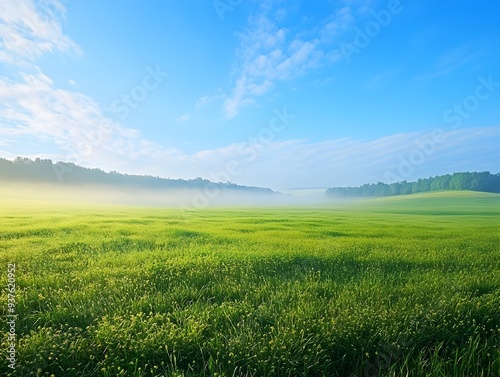 Serene Meadow Landscape at Dawn with Picturesque Green Grass and Clear Blue Sky