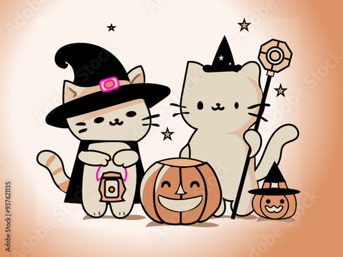 ほっこりハロウィンファンタジー 
ハロウィンを楽しむ2匹のかわいいネコたちが描きました。一匹は魔法使いの帽子をかぶりランタンを持ち、もう一匹はカボチャのランタンと共に微笑んでいます。
