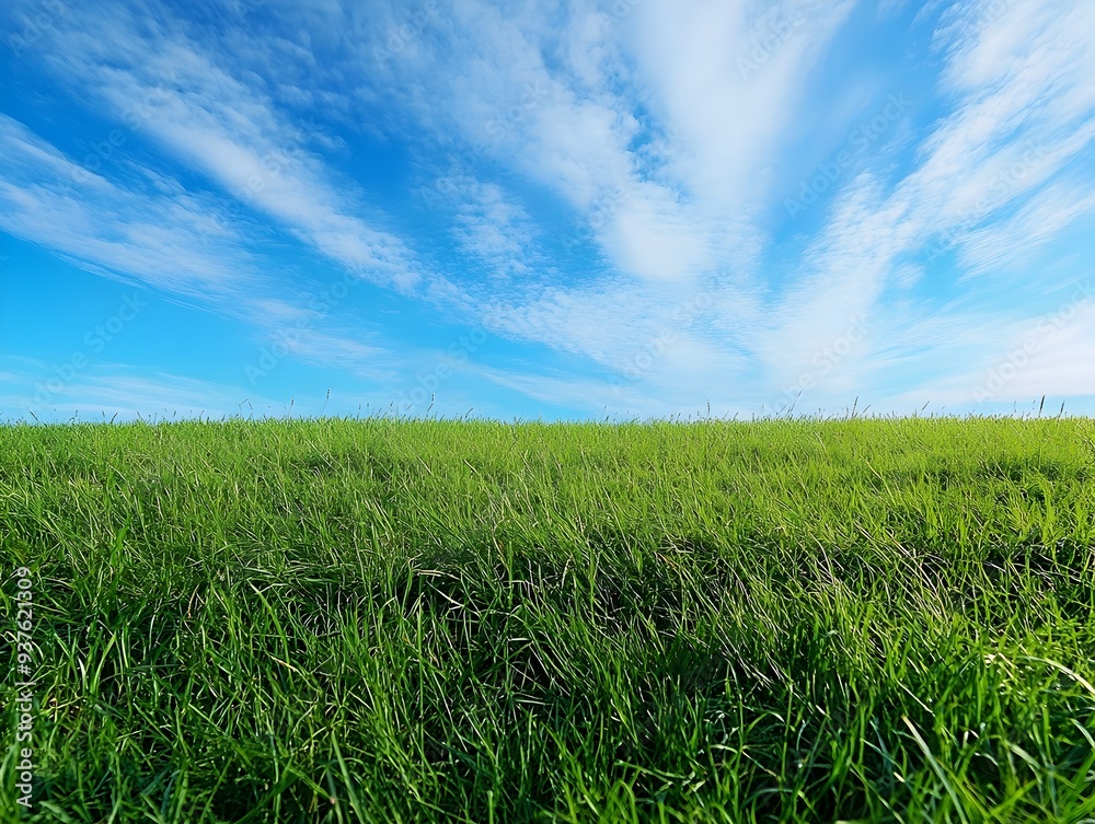 Expansive Lush Green Meadow Under Peaceful Blue Sky with Fluffy Clouds Expansive Lush Green Meadow Under Peaceful Blue Sky with Fluffy Clouds