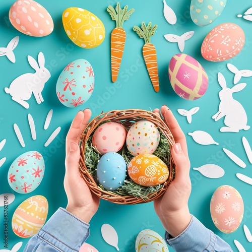 5. Easter collage design, featuring colorful eggs, bunny silhouettes, carrot illustration, basket with eggs, hands holding eggs and bunny, happy Easter text, pastel colors, blue background,