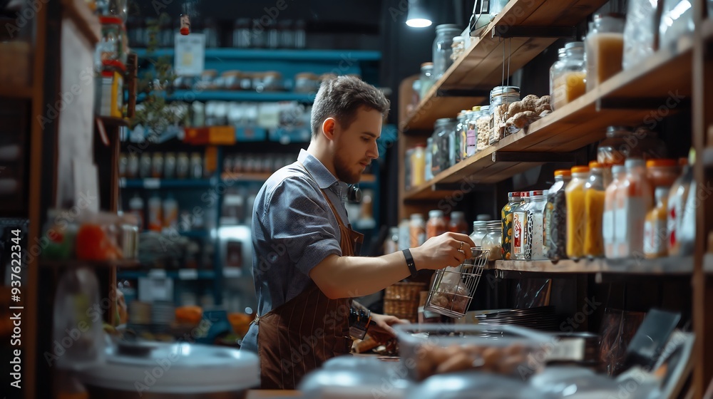 Small business owner arranges merchandise on shelves. Decorate points of interest for customers Small business owner arranges merchandise on shelves. Decorate points of interest for customers