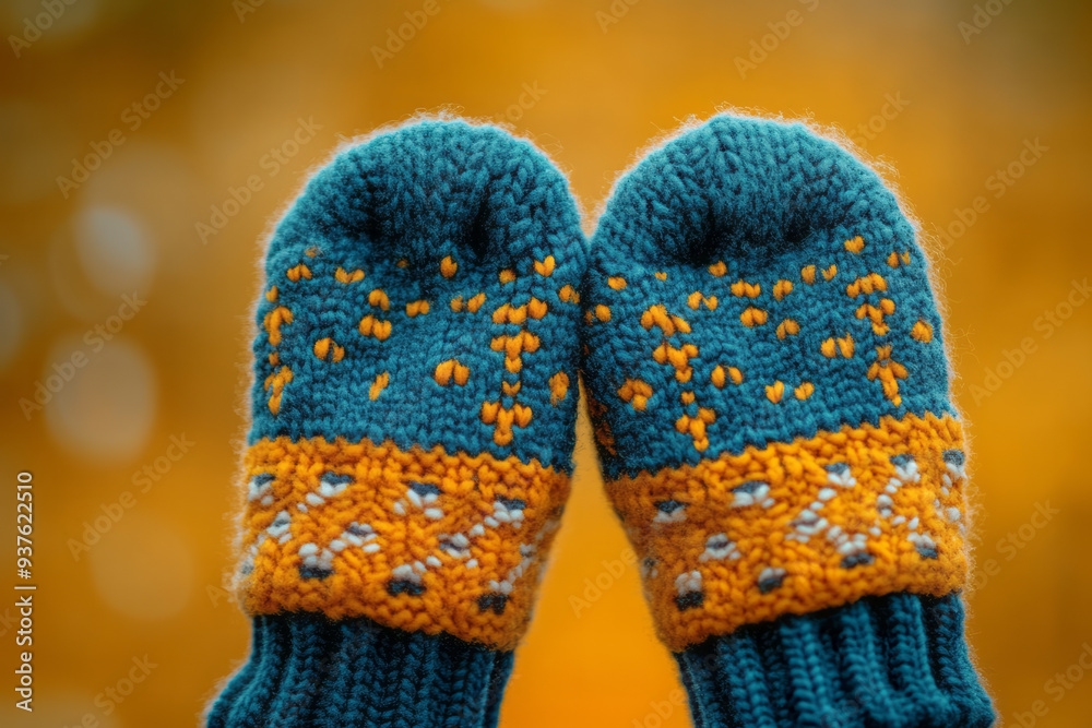A pair of mittens drying by the fire, isolated on a pastel yellow background, representing the coziness of winter accessories, A pair of mittens drying by the fire, isolated on a pastel yellow background, representing the coziness of winter accessories,
