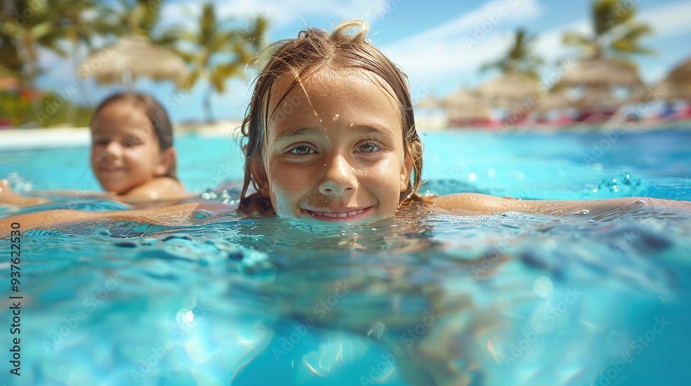 Kids play in swimming pool. Children learn to swim in outdoor pool of tropical resort during family summer vacation. copy space for text.