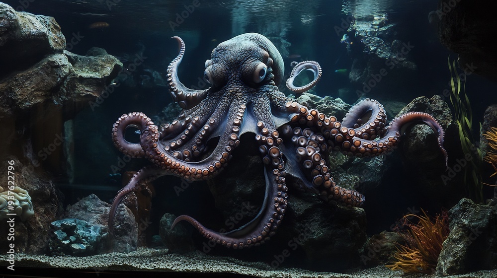 Obraz premium An Octopus Rests on Rocks in a Dark Aquarium