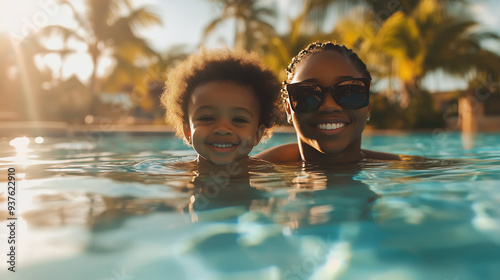 African American mother and child enjoying playful moments in a pool at a tropical resort, both wearing stylish sunglasses and sharing joyful smiles with the camera. The warm sunlight, combined with t