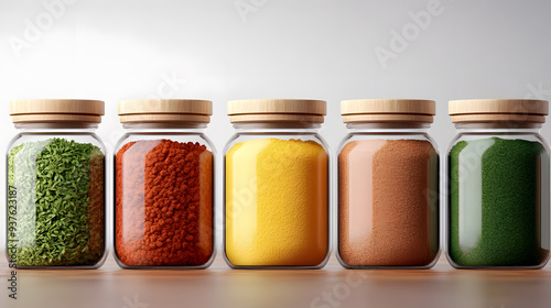 Fototapeta Naklejka Na Ścianę i Meble -  Organic spice jars with vibrant powders