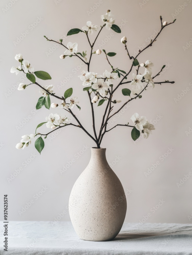 Naklejka premium Stylish Minimalist Home Decor Featuring a Vase Overflowing with Fresh Flowers and Leaves, Designer Aesthetic, Graphic Resources, Wallpapers, Brochure, banner, Advertising, background