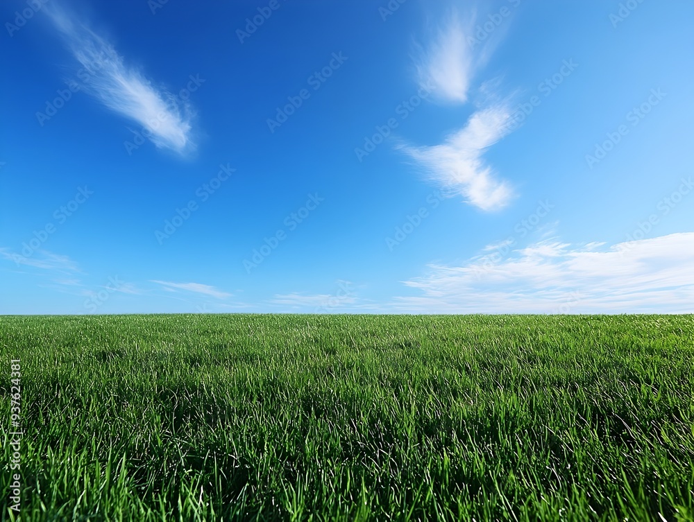 Vast Lush Meadow Under Cloudless Blue Sky in Early Morning Vast Lush Meadow Under Cloudless Blue Sky in Early Morning