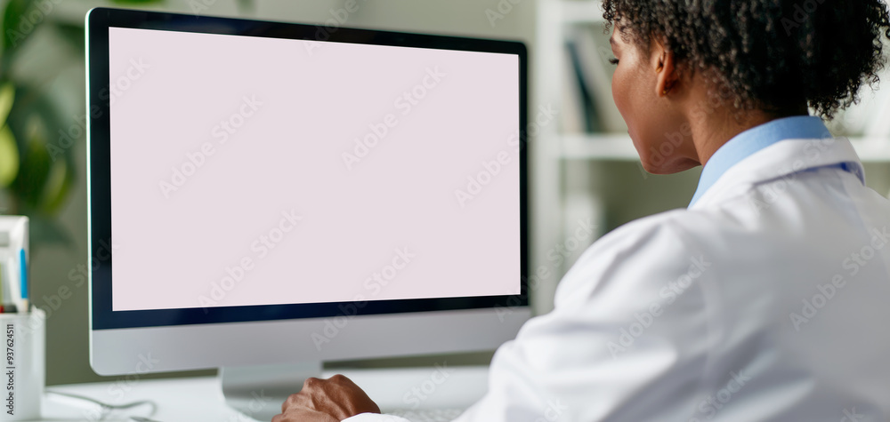 Medical Professional Working on Computer in Modern Office with Blank Screen for Customization Medical Professional Working on Computer in Modern Office with Blank Screen for Customization