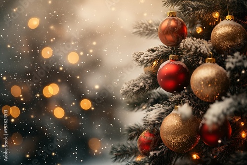 Christmas tree with red and golden ornaments, bokeh lights on the background, snowy scene. Christmas concept. Close up