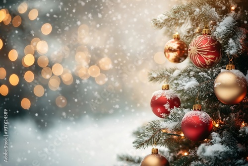 Christmas tree with red and golden ornaments, bokeh lights on the background, snowy scene. Christmas concept. Close up