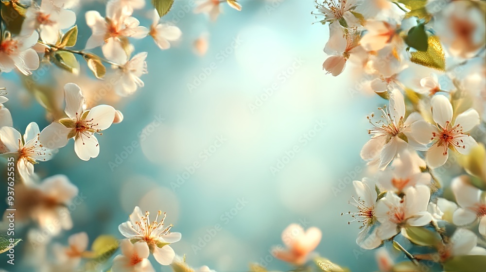 A charming spring illustration of a blank paper with a whimsical frame of delicate flowers and soft, sunny light, creating a fresh and inviting look A charming spring illustration of a blank paper with a whimsical frame of delicate flowers and soft, sunny light, creating a fresh and inviting look