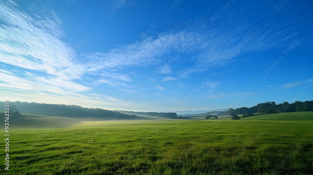 Obraz premium Serene Countryside Landscape with Lush Green Meadow and Dramatic Sky at Daybreak