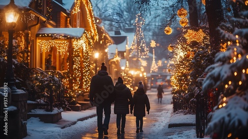 A family bundled up in warm clothes, walking through a neighborhood with houses elaborately decorated with Christmas lights and festive displays