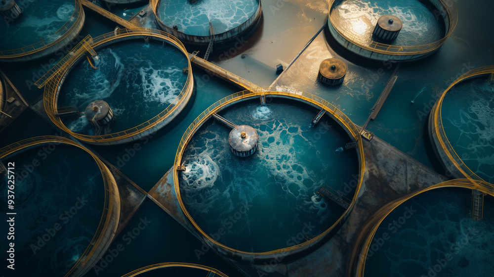 From high angle over sky. Wastewater treatment plant or wastewater treatment. Purification. Chemicals and microorganisms are removed from water and water is returned to nature. From high angle over sky. Wastewater treatment plant or wastewater treatment. Purification. Chemicals and microorganisms are removed from water and water is returned to nature.