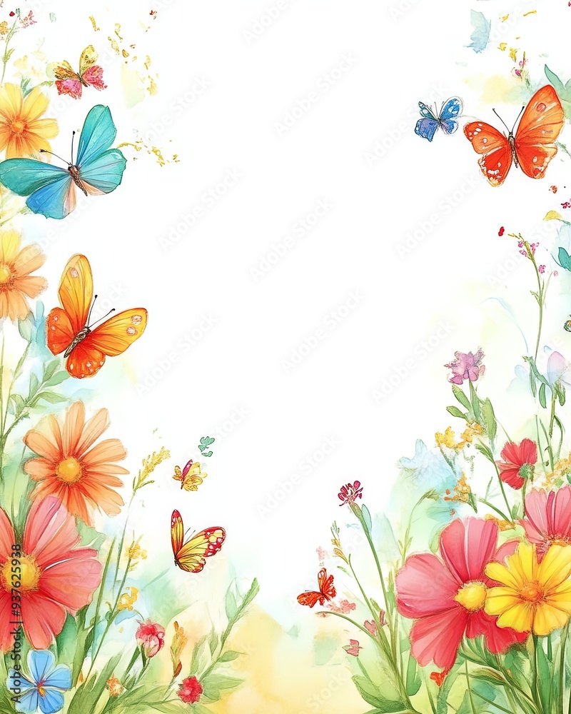 A fresh and vibrant spring-themed illustration featuring a blank notepad with a border of colorful flowers and fluttering butterflies A fresh and vibrant spring-themed illustration featuring a blank notepad with a border of colorful flowers and fluttering butterflies