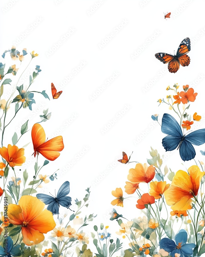 A fresh and vibrant spring-themed illustration featuring a blank notepad with a border of colorful flowers and fluttering butterflies A fresh and vibrant spring-themed illustration featuring a blank notepad with a border of colorful flowers and fluttering butterflies