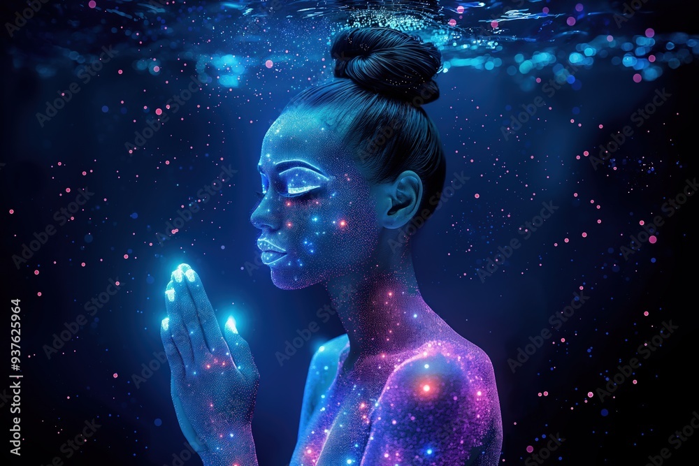 Woman with glowing skin posing underwater in the dark Woman with glowing skin posing underwater in the dark