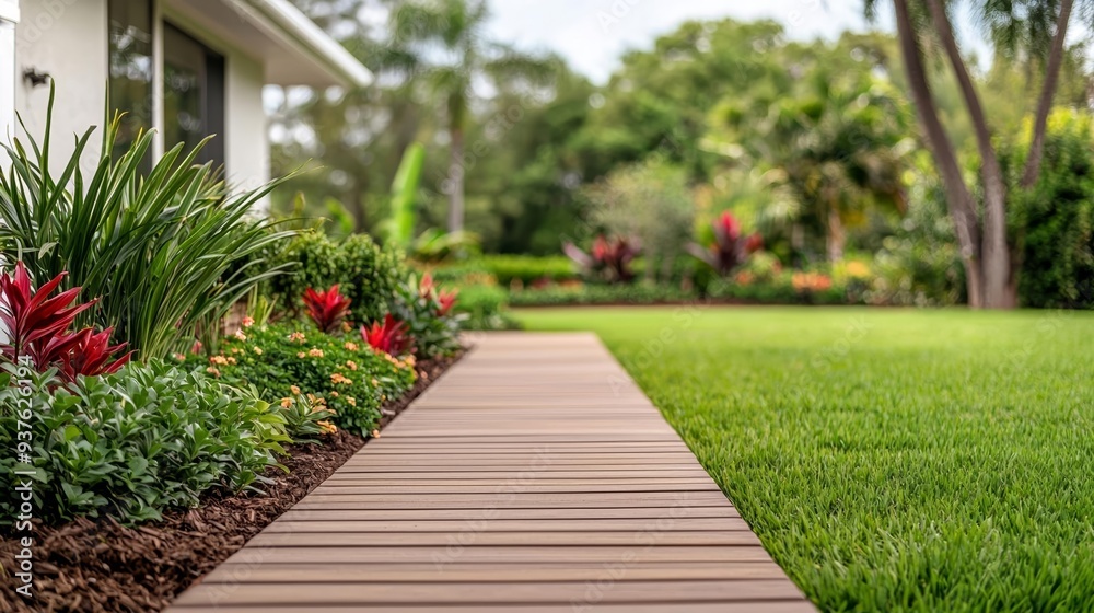 Fototapeta premium Peaceful backyard with wooden deck and lush green garden, perfect for relaxation and outdoor gatherings