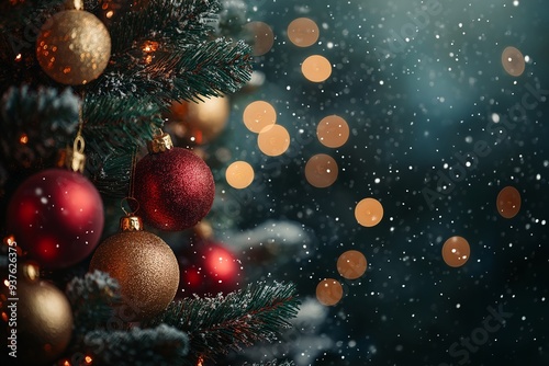 Christmas tree with red and golden ornaments, bokeh lights on the background, snowy scene. Christmas concept. Close up
