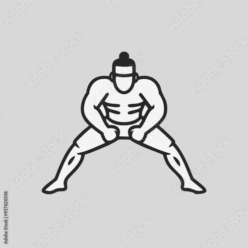 Sumo wrestler ready to fight. Black and white line art illustration of a sumo wrestler in a fighting stance.