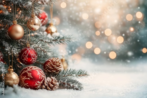 Christmas tree with red and golden ornaments, bokeh lights on the background, snowy scene. Christmas concept. Close up