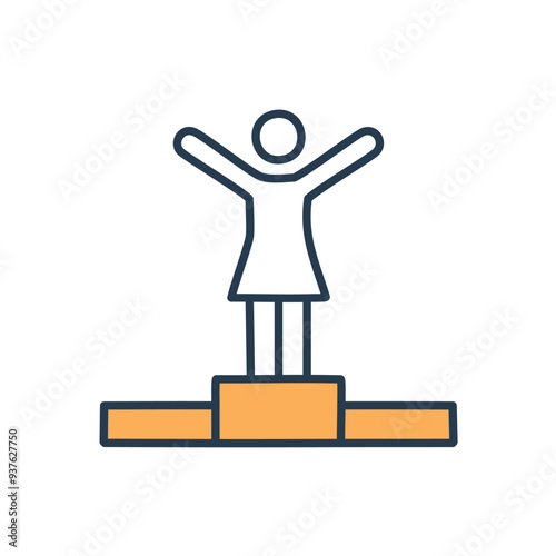 Woman celebrating success on podium. Illustration of a woman standing on a podium with arms raised in victory. This image is perfect for representing success, achievement, and triumph.