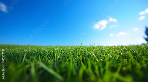 Close up view of lush green grass field under clear blue sky on an early morning day