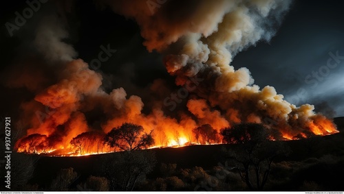 Nighttime wildfire. Flames illuminating dark sky, thick smoke blending with night, fire spreading rapidly. Realistic style. photo