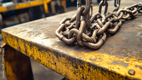 Heavy lifting equipment with chains and shackles rests on a weathered metal table, highlighting the intricate details and textures of industrial tools photo