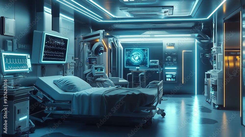 A cutting-edge MRI scanning room with advanced medical equipment, illuminated by cool blue lighting, emphasizing a sterile and clinical environment. A cutting-edge MRI scanning room with advanced medical equipment, illuminated by cool blue lighting, emphasizing a sterile and clinical environment.