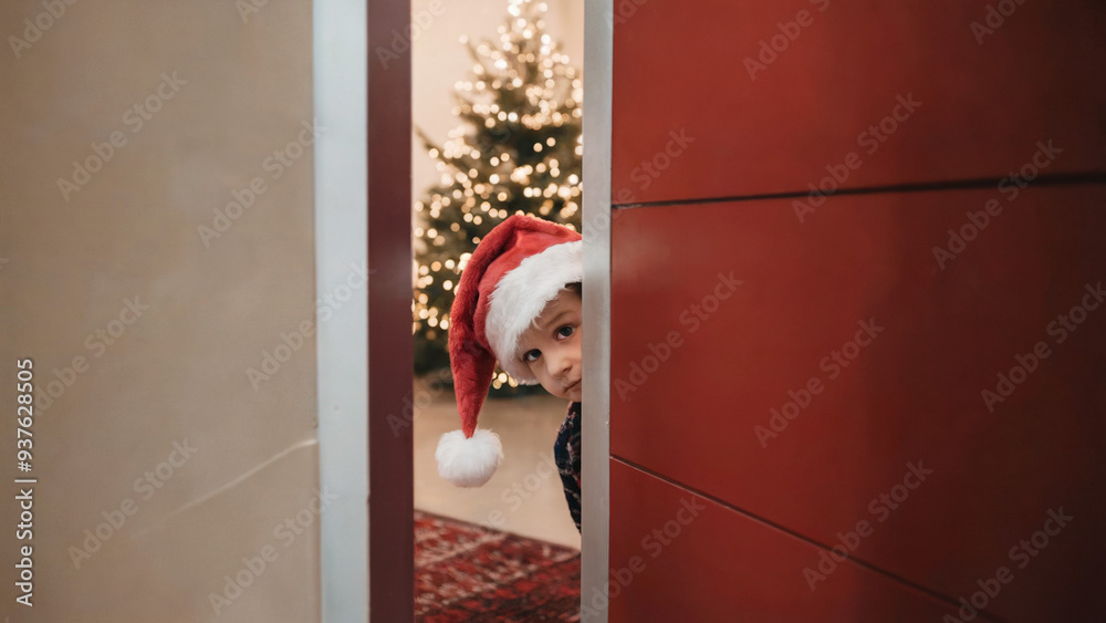 Obraz premium child wearing Santa hat peeking out from the door 