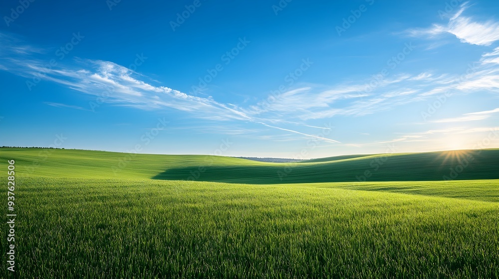 Breathtaking panoramic view of a vast green field under a clear blue sky with a shining sun Breathtaking panoramic view of a vast green field under a clear blue sky with a shining sun