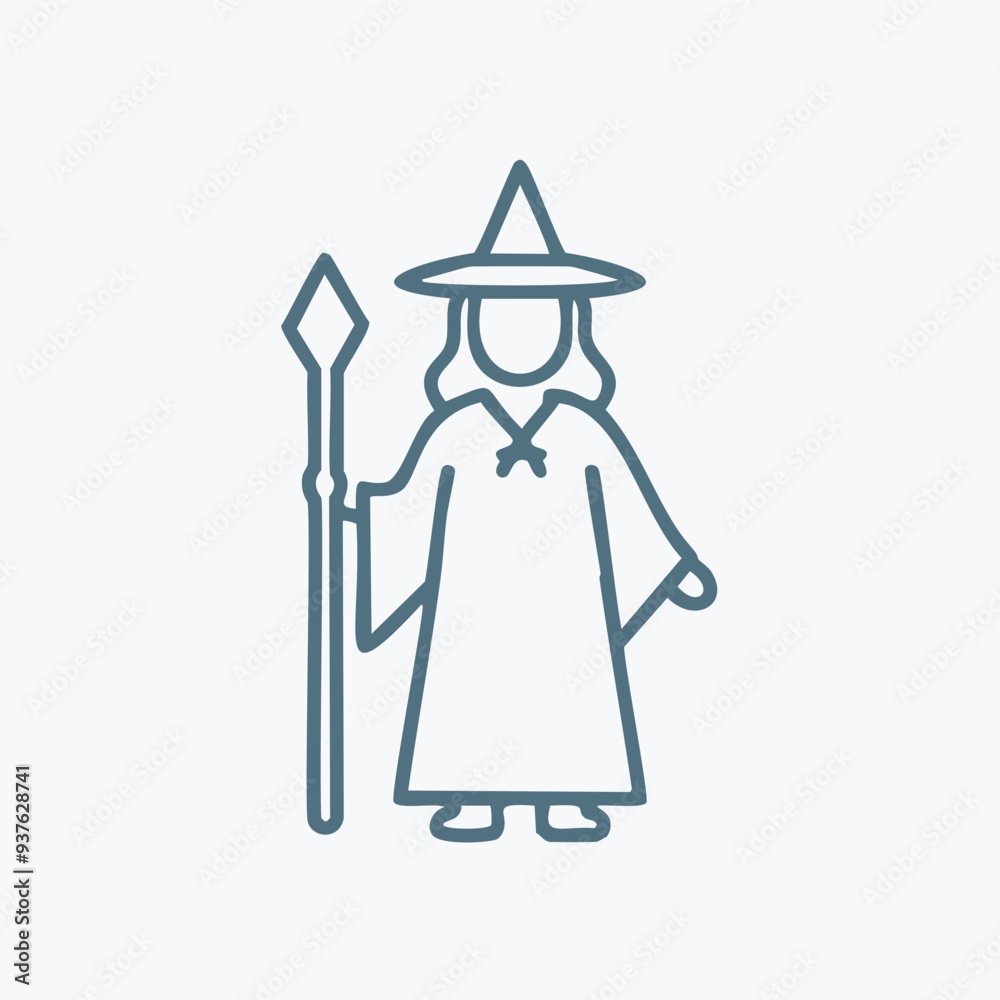 Wizard with staff icon. Line drawing icon of a wizard wearing a pointed hat and robe, holding a staff. Wizard with staff icon. Line drawing icon of a wizard wearing a pointed hat and robe, holding a staff.