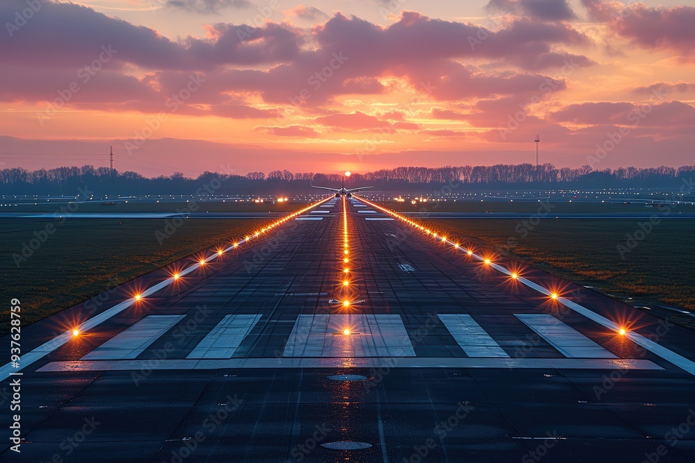 Airport Runway Lights at Dusk Runway lights illuminated at dusk for evening flights Airport Runway Lights at Dusk Runway lights illuminated at dusk for evening flights