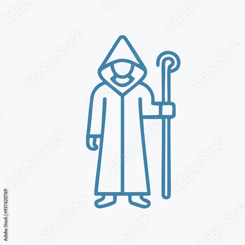 Hooded figure with staff illustration. Line art illustration of a mysterious figure wearing a hooded robe and holding a staff. Perfect for mystical, spiritual, or fantasy themed projects.
