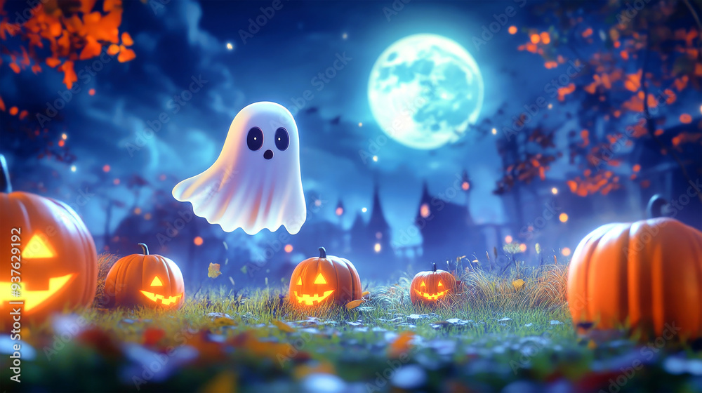 A cute ghost hovers happily in a starry sky, illuminated by a full moon, alongside glowing pumpkins on an enchanting Halloween night A cute ghost hovers happily in a starry sky, illuminated by a full moon, alongside glowing pumpkins on an enchanting Halloween night