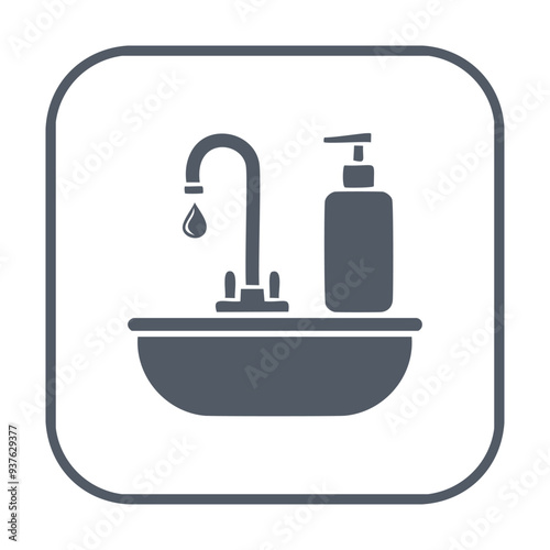 Sink faucet and soap dispenser icon. Simple icon depicting a sink with a faucet and a soap dispenser. Perfect for hygiene, cleanliness, and bathroom-related designs.