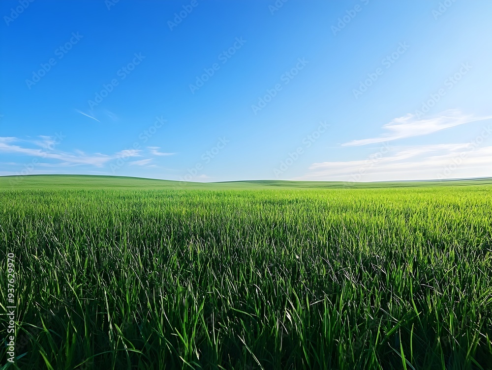 Expansive green meadow under a clear blue sky on a serene spring morning Expansive green meadow under a clear blue sky on a serene spring morning