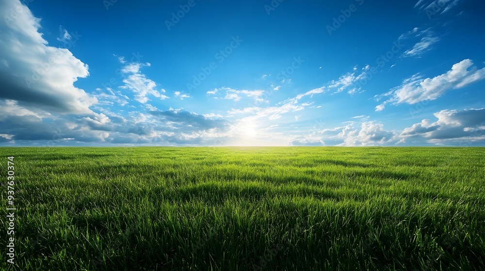 Fototapeta premium Scenic Sunrise or Sunset over Lush Green Grassland Field with Clear Blue Sky and Fluffy Clouds