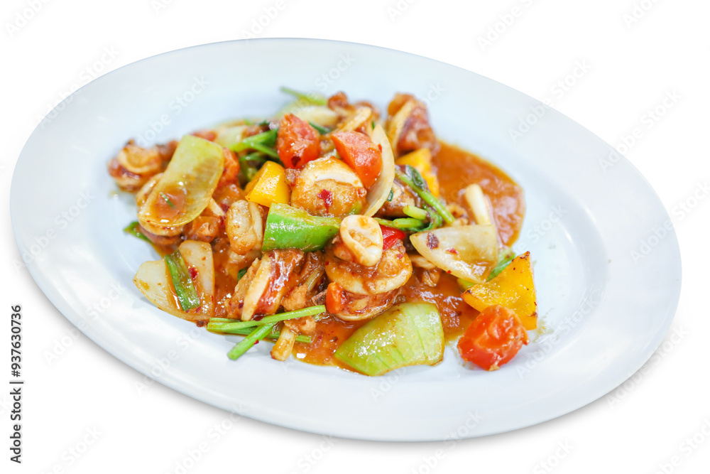 Top view of Stir-fried Seafood with Thai Chili Paste, focus selective Top view of Stir-fried Seafood with Thai Chili Paste, focus selective