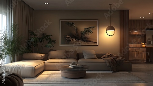 Wallpaper Mural A modern living room with a stylish sofa, sleek decor, and unique lighting fixtures, creating a warm and welcoming environment. Torontodigital.ca